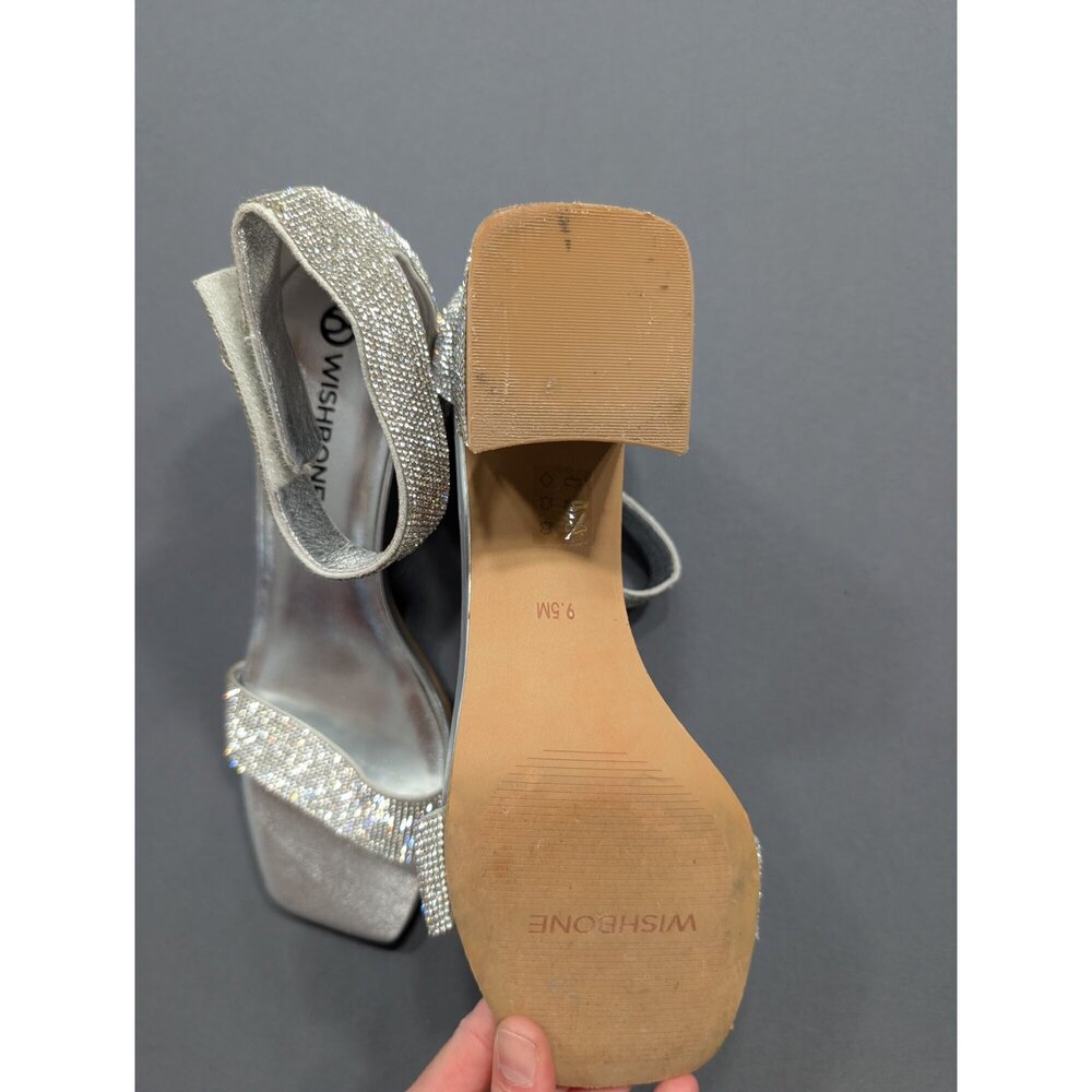 Wishbone Silver Rhinestone Block Heel Sandals Sz 9.5 Ankle Strap